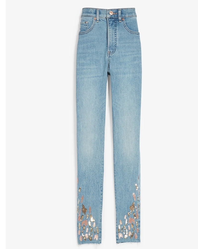 High waisted sequin embellished skinny jeans